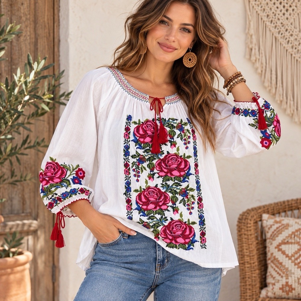 Royal Moda Women L Fits M White Floral Embroidered Peasant Blouse Boho Cotton
